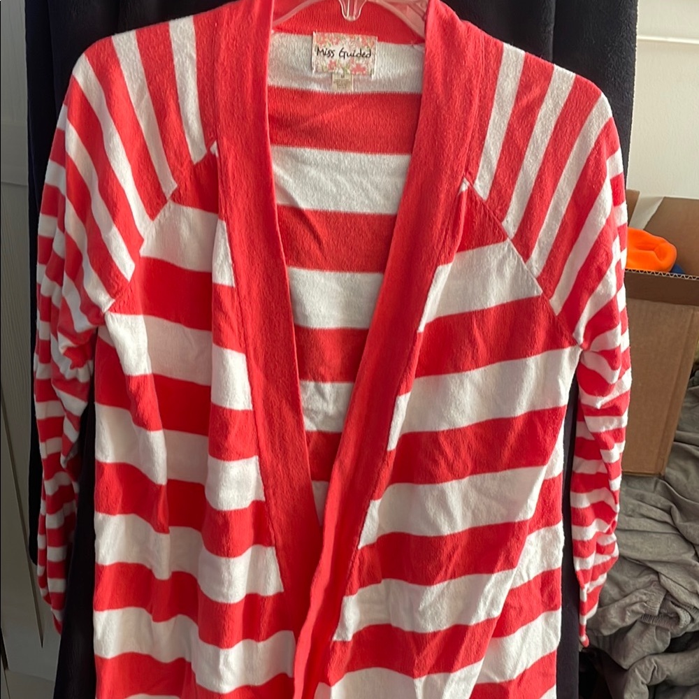 Miss Guided coral and White Striped Women's cardigan Sweater size medium